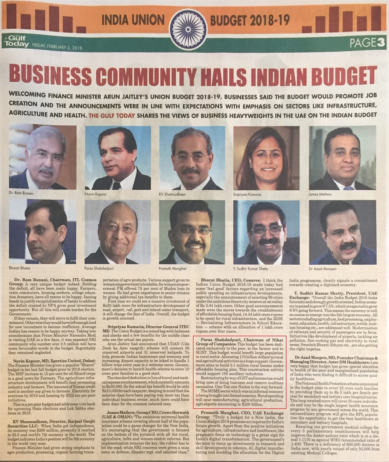 Business community hails indian Budget